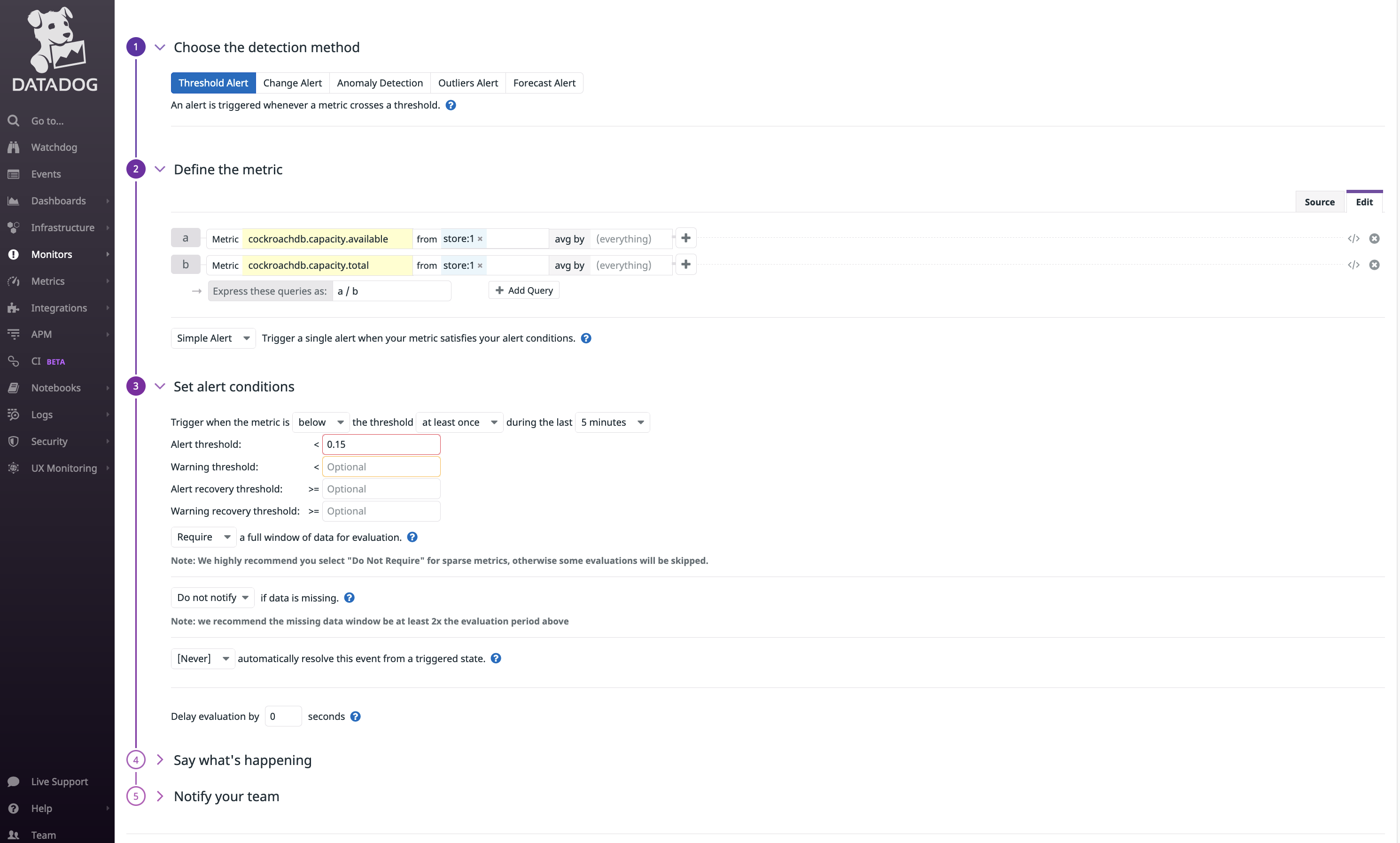 CockroachDB Threshold Alert in Datadog